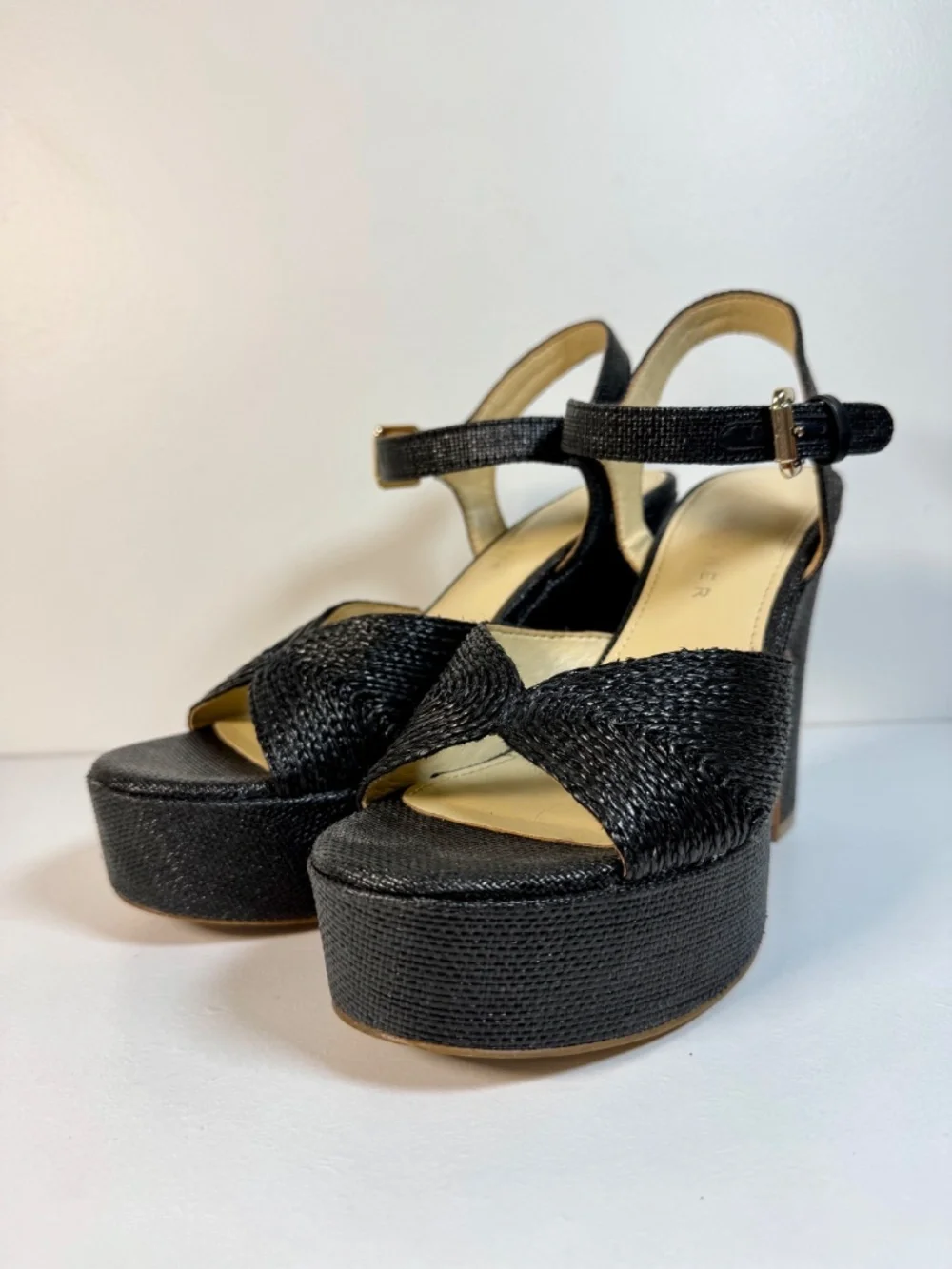 Marc Fisher LTD Black Raffia Platform Sandals | Woven Chunky Block Heel | Size 7